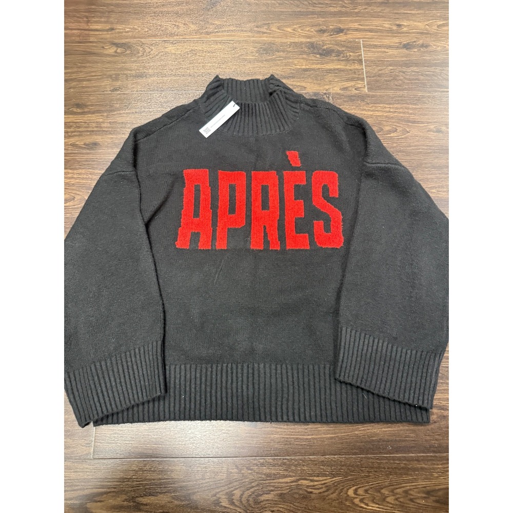 Sanctuary APRÈS Knit Graphic Mock Neck Sweater in Black & Red - Size XL